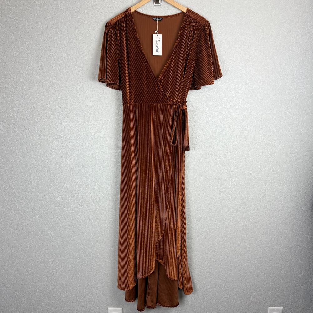 Boho Butterfly Sleeve Full Wrap Ribbed Velvet Dress Copper Rust XL Earthy NWT - Picture 2 of 11